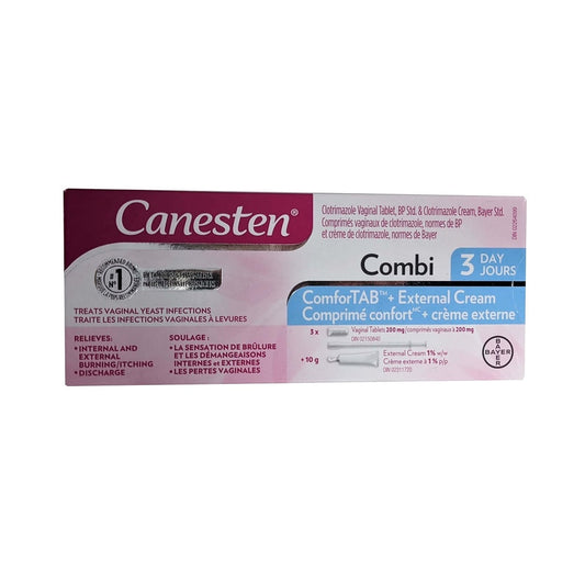 Product label for Canesten 3 Day Combi-Pak with ComforTab