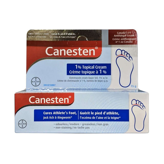 Product label for Canesten Antifungal Cream (Clotrimazole 1%) (15 grams)