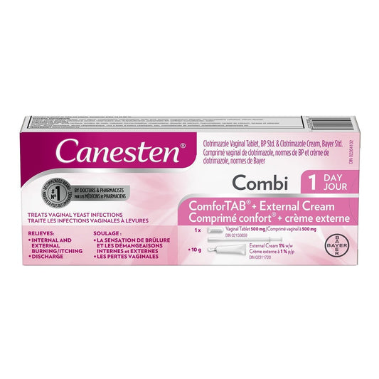 Product label for Canesten ComforTab Combi-Pak 1 Treatment (ComforTab + External Cream)