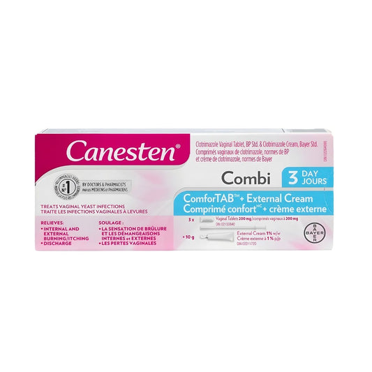 Product label for Canesten ComforTab Combi-Pak 3 Treatments (ComforTab + External Cream)