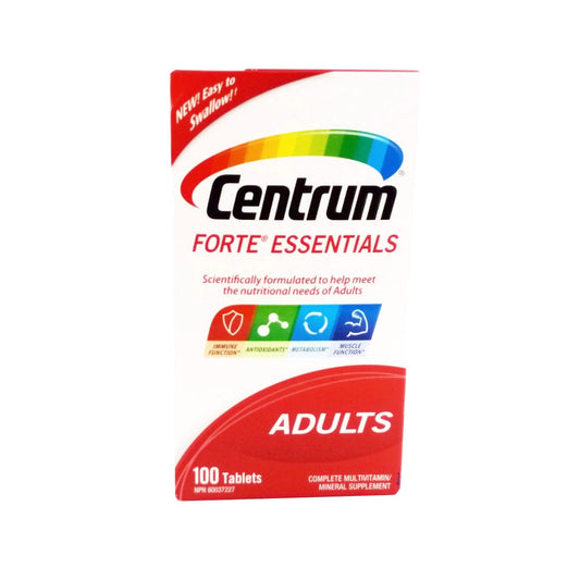 Product label for Centrum Forte Essentials (100 tablets) 