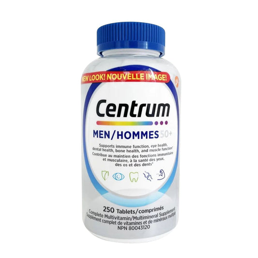 Product label for Centrum Men 50+ Multivitamin and Multimineral Supplement (250 tablets)