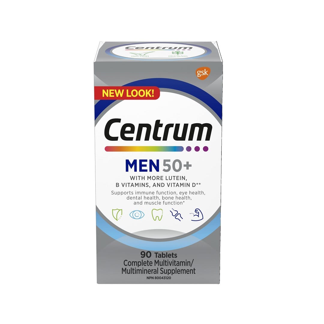 Product label for Centrum Men 50+ Multivitamin and Multimineral Supplement (90 tablets)