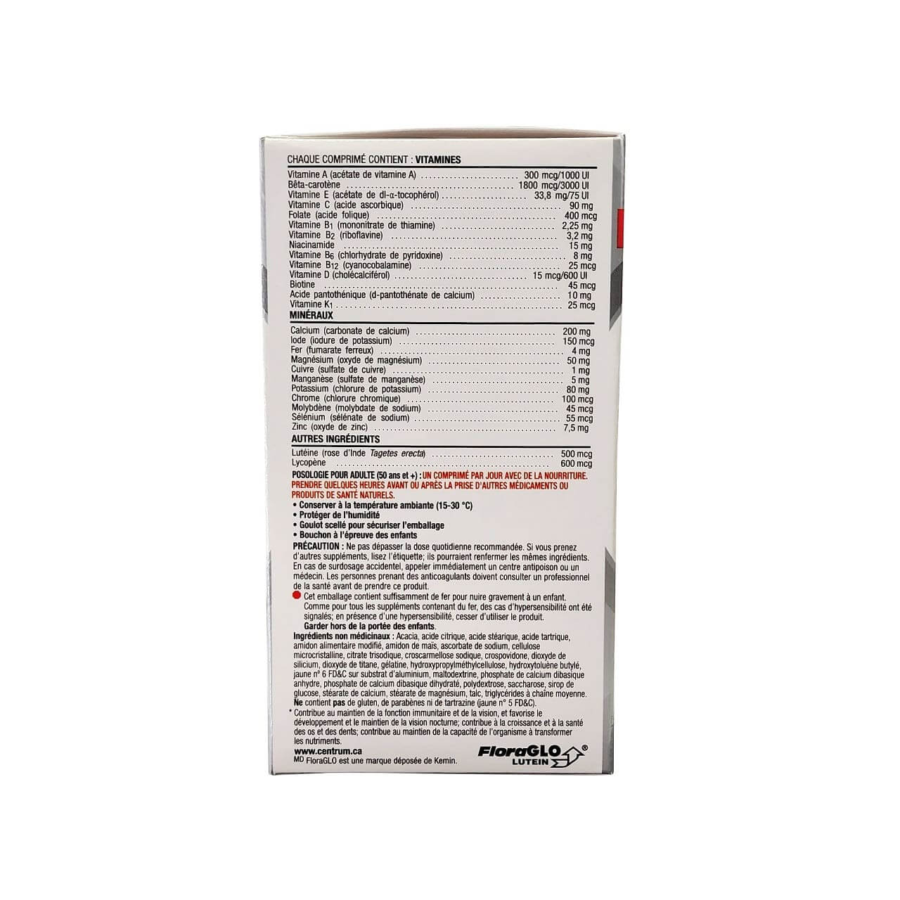 Ingredients, dose, cautions for Centrum Select Essentials for Adults 50+ (100 tablets) in French