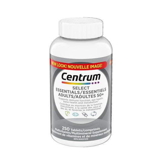 Product label for Centrum Select Essentials for Adults 50+ (250 tablets)