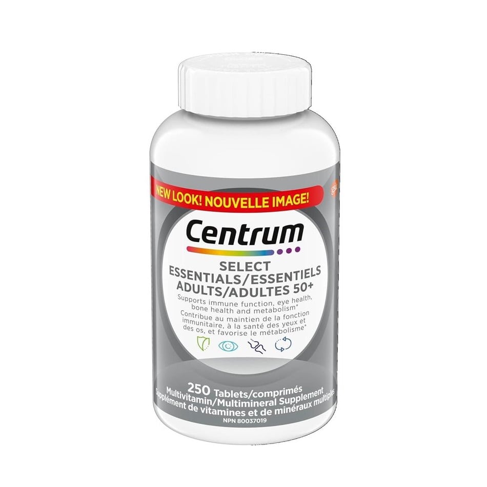 Product label for Centrum Select Essentials for Adults 50+ (250 tablets)