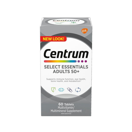 Product label for Centrum Select Essentials for Adults 50+ (60 tablets)