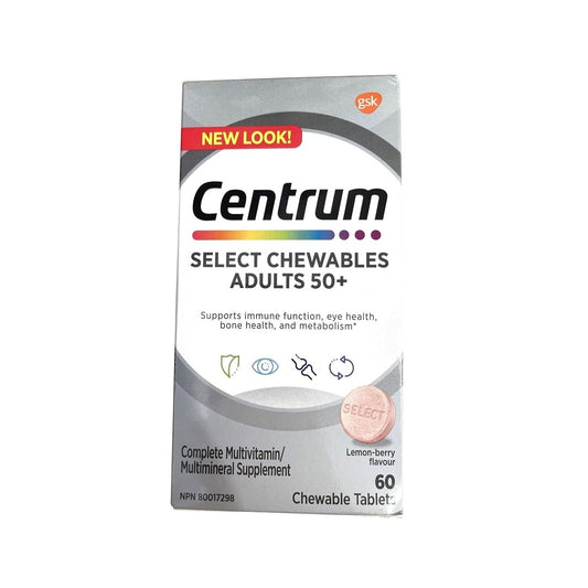 Product label for Centrum Select Essentials for Adults 50+ Lemon-Berry Chewables (60 tablets)