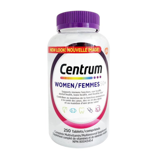 Product label for Centrum Women 50+ Multivitamin and Multimineral Supplement (250 tablets)