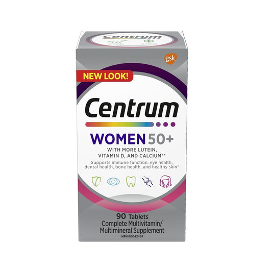 Product label for Centrum Women 50+ Multivitamin and Multimineral Supplement (90 tablets)