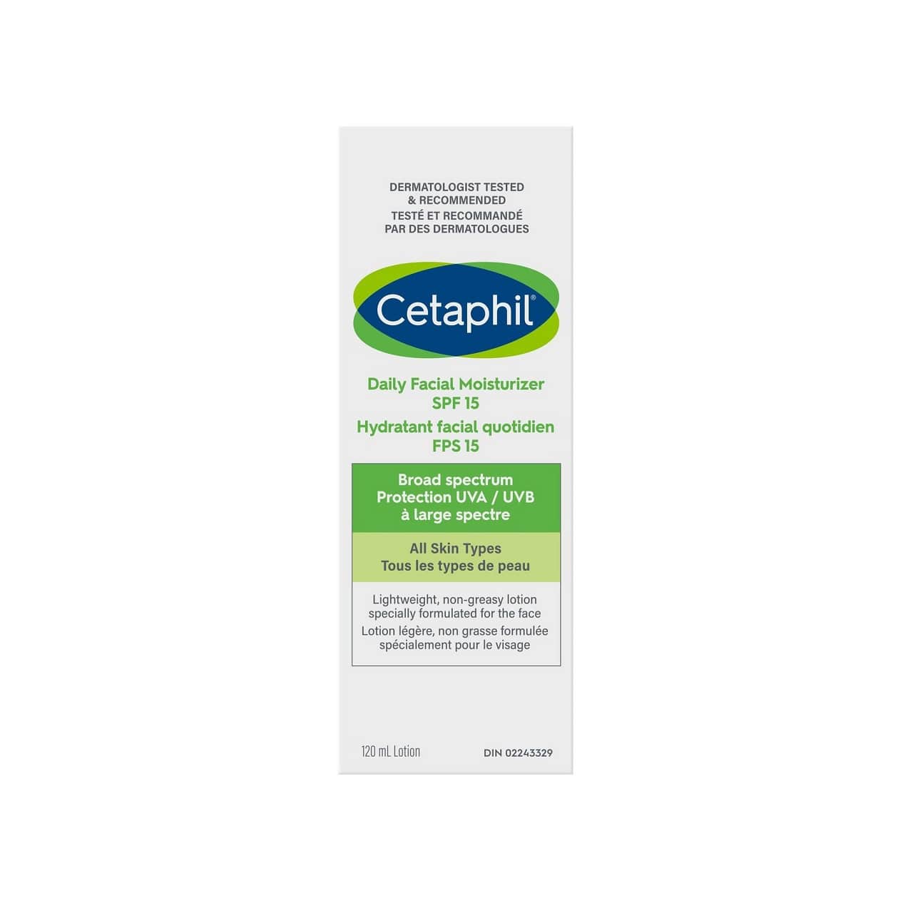 Product label for Cetaphil Daily Facial Moisturizer SPF 15 (120 mL)