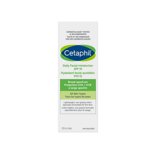 Product label for Cetaphil Daily Facial Moisturizer SPF 15 (120 mL)