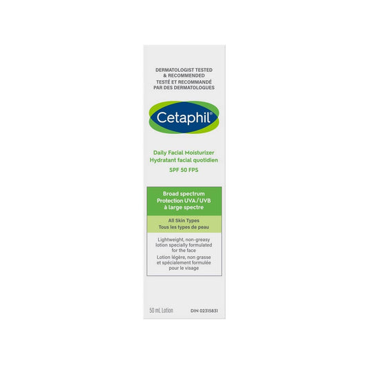 Product label for Cetaphil Daily Facial Moisturizer SPF 50 (50 mL)