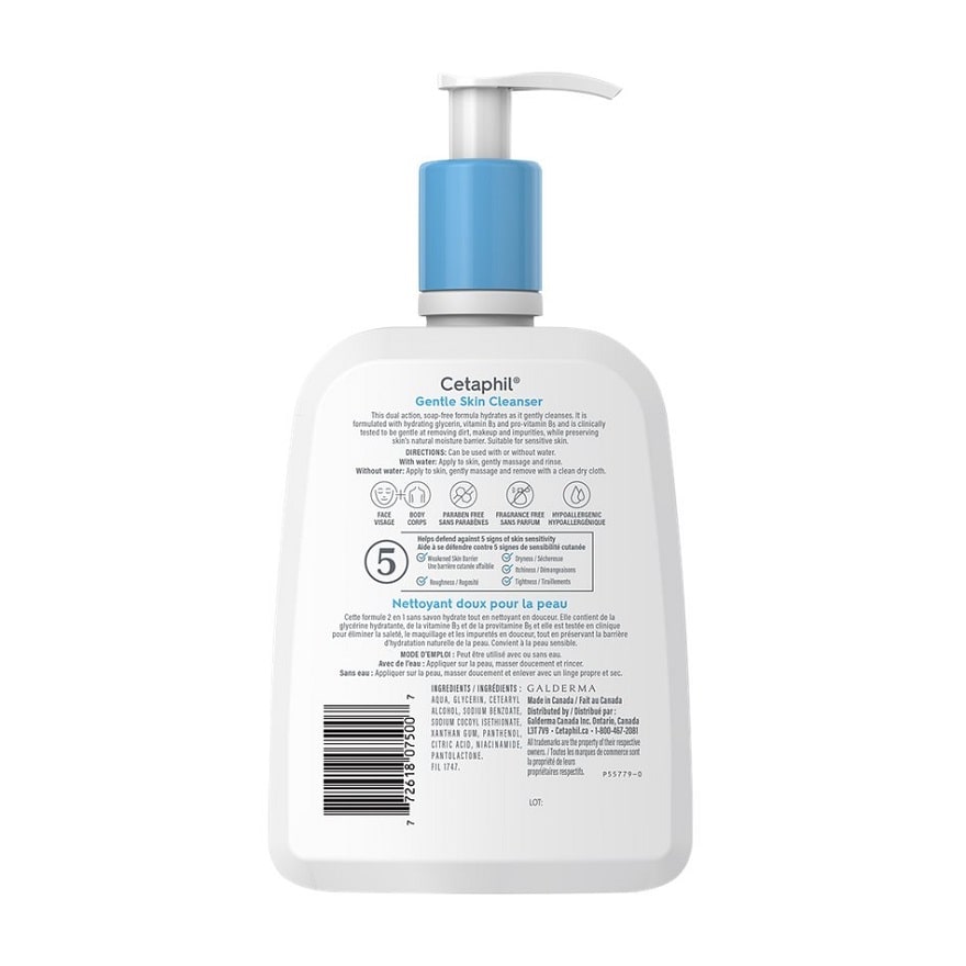 Description and ingredients for Cetaphil Gentle Skin Cleanser (500 mL)
