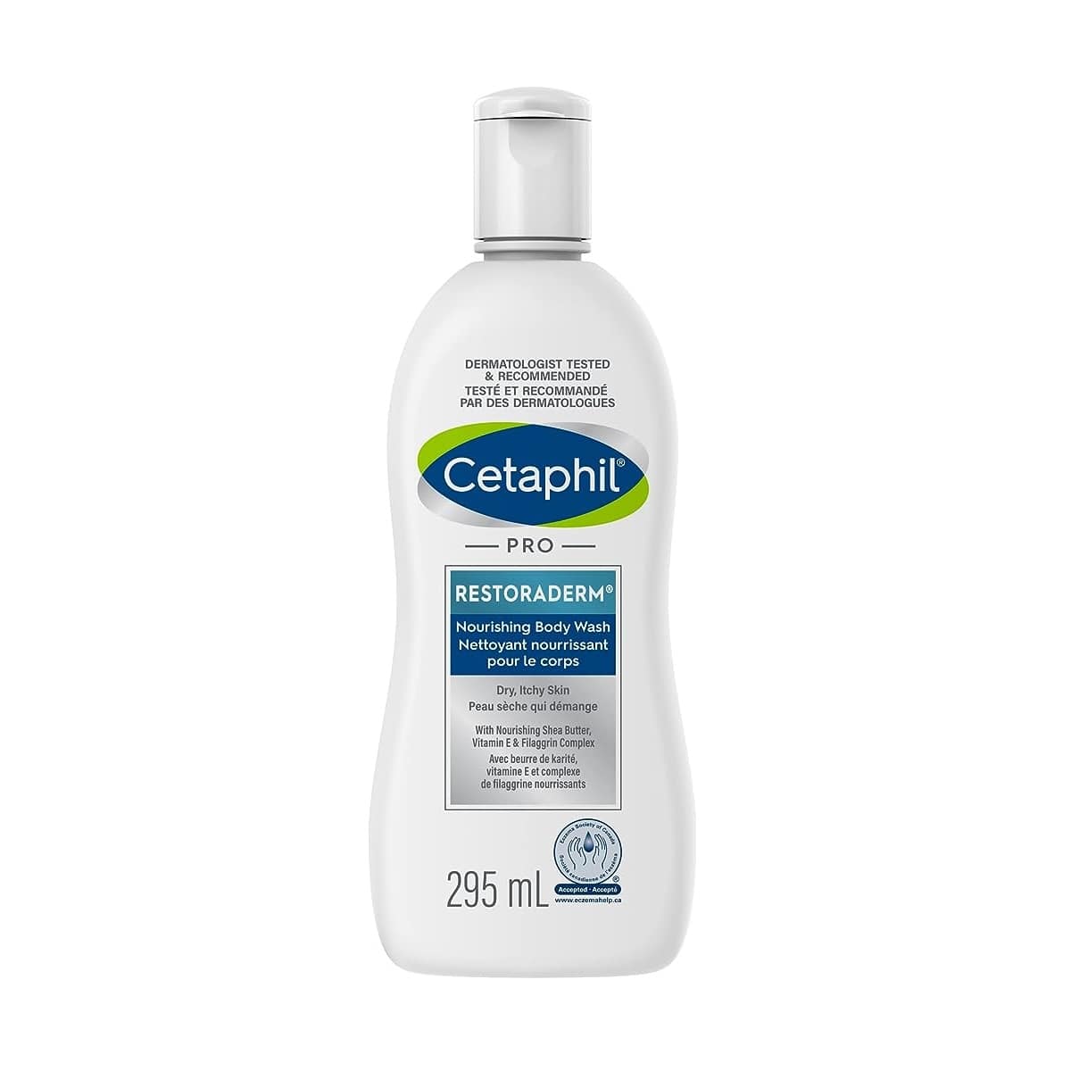 Product label for Cetaphil Restoraderm Nourishing Body Wash for Dry, Itchy Skin (295 mL)