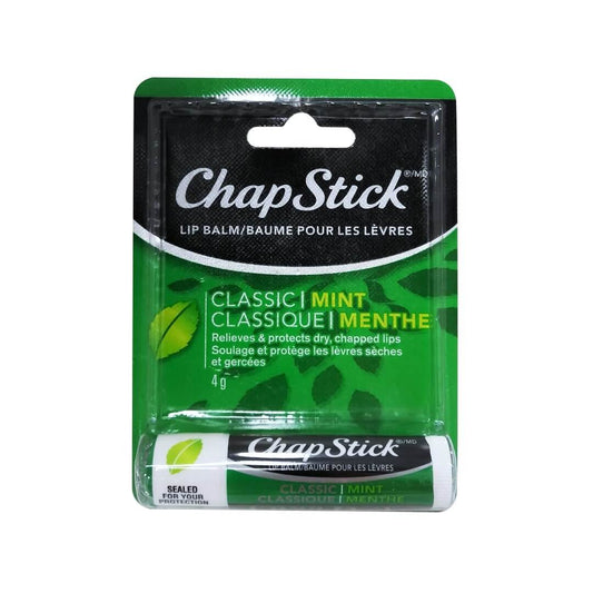 Product label for ChapStick Lip Balm Classic Mint (4 grams)