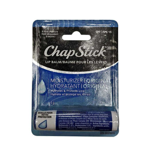 Product label for ChapStick Moisturizer Original SPF15 (4 grams)