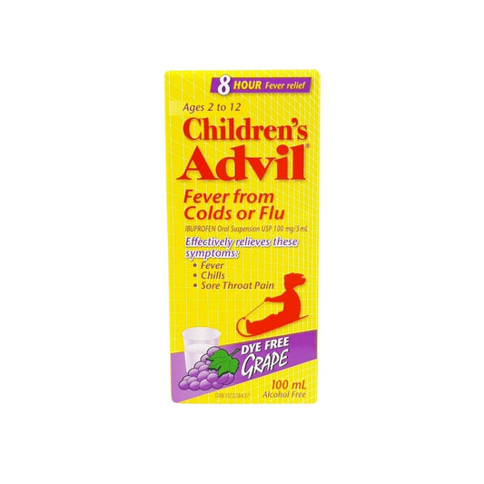 Product label for Children's Advil Cold & Flu Dye Free Grape (100 mL) in English