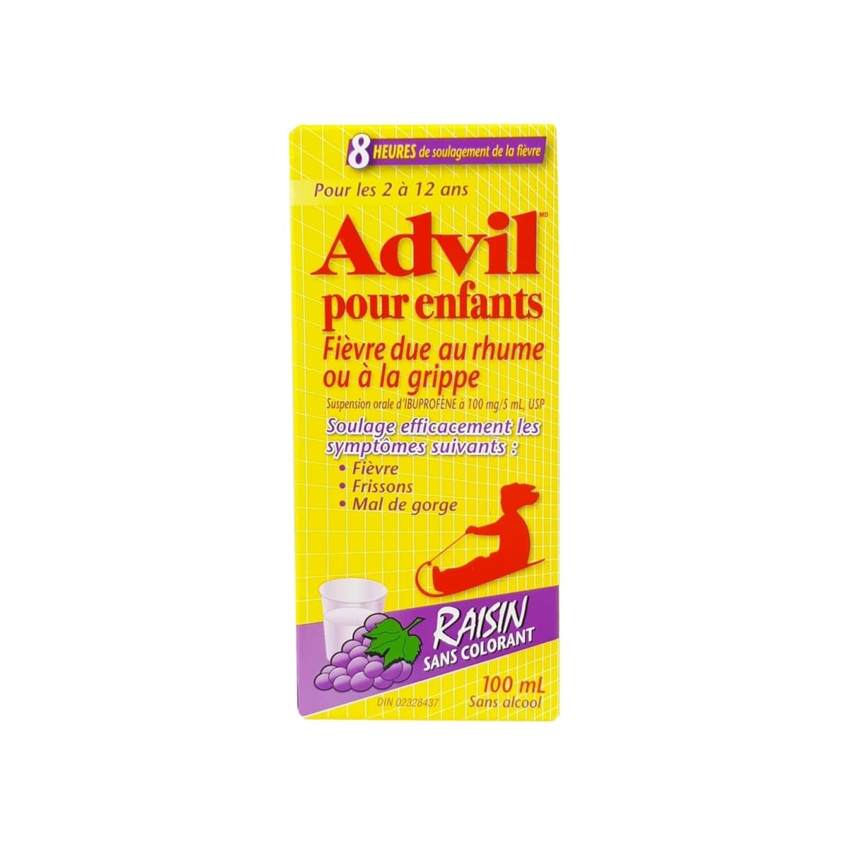 Product label for Children's Advil Cold & Flu Dye Free Grape (100 mL) in French