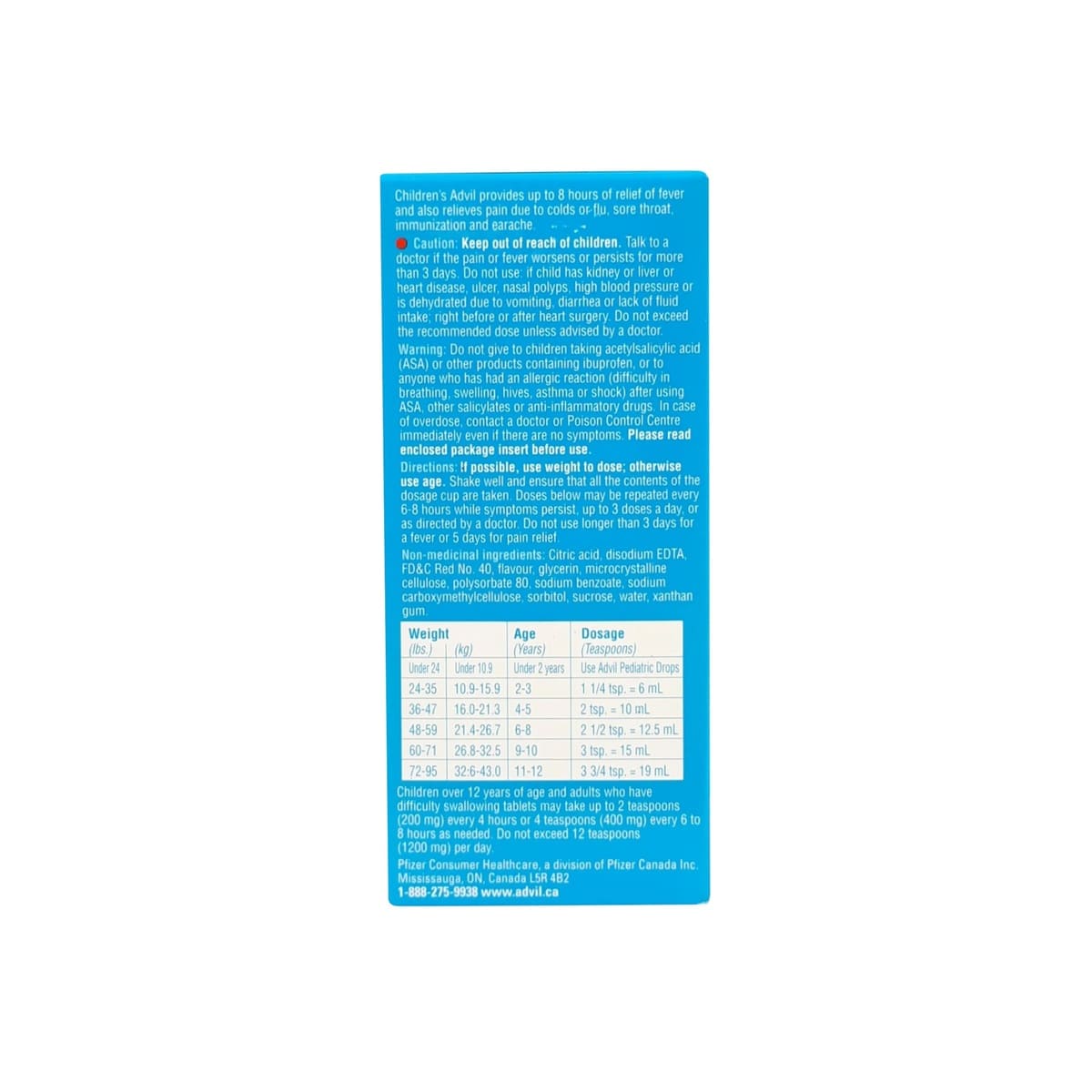 Description, Cautions, Warnings, Ingredients, Directions for Children's Advil Ibuprofen Fever and Pain Fruit Flavour (Ages 2-12) (100 mL) in English