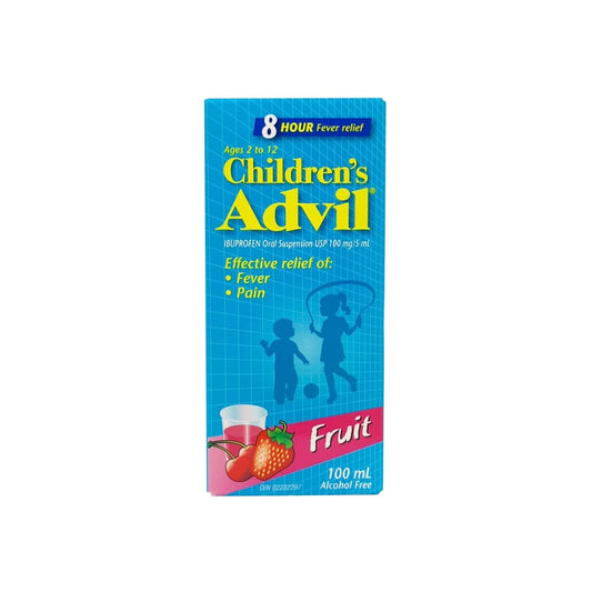 Product label for Children's Advil Ibuprofen Fever and Pain Fruit Flavour (Ages 2-12) (100 mL) in English