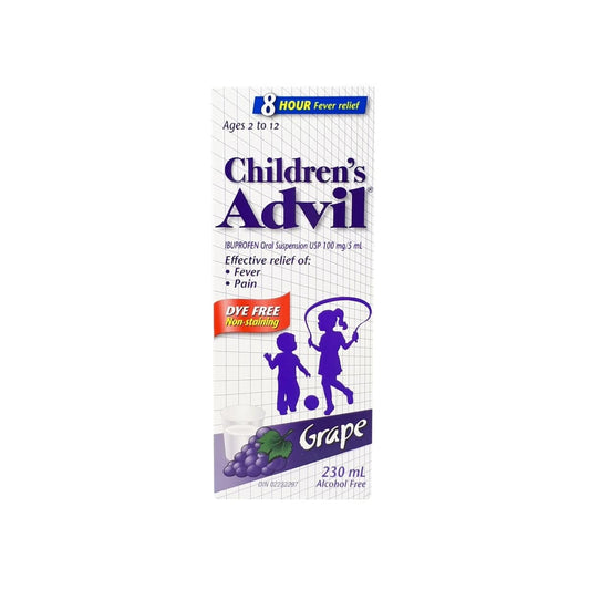 Product label for Children's Advil Ibuprofen Fever and Pain Grape Flavour (Ages 2-12) (230 mL) in English