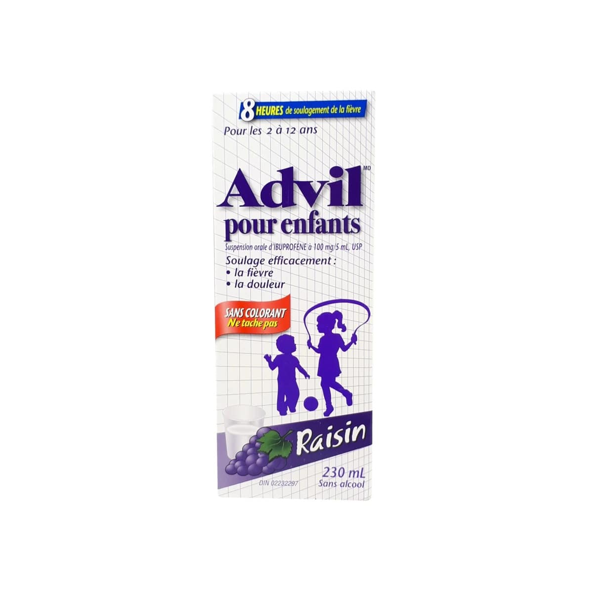 Product label for Children's Advil Ibuprofen Fever and Pain Grape Flavour (Ages 2-12) (230 mL) in French