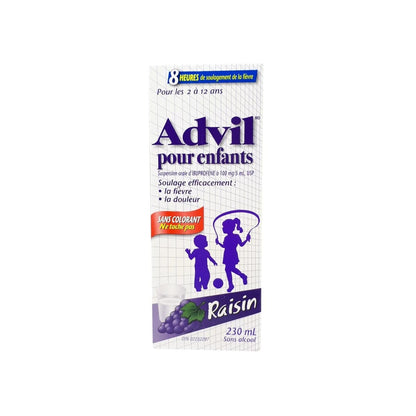 Product label for Children's Advil Ibuprofen Fever and Pain Grape Flavour (Ages 2-12) (230 mL) in French