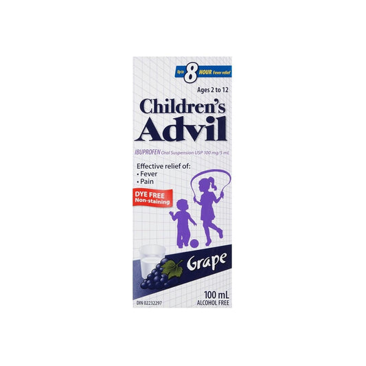 Product label for Children's Advil Ibuprofen Fever and Pain Grape Flavour (Ages 2-12) (100 mL) in English