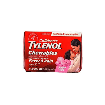 Product label for Children's Tylenol Acetaminophen Fever and Pain Chewables Bubble Gum (Ages 2-11) (20 tablets) in English