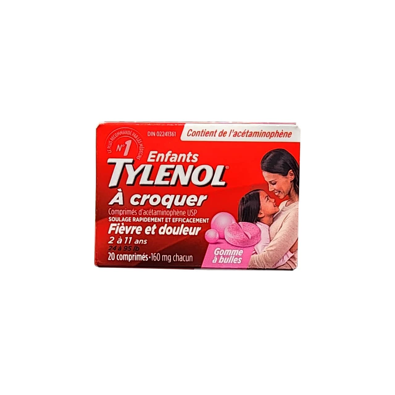 Product label for Children's Tylenol Acetaminophen Fever and Pain Chewables Bubble Gum (Ages 2-11) (20 tablets) in French