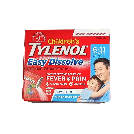 Product label for Children's Tylenol Easy Dissolve Acetaminophen Powder Wild Berry Flavour (Ages 6 - 11) (16 sachets) in English