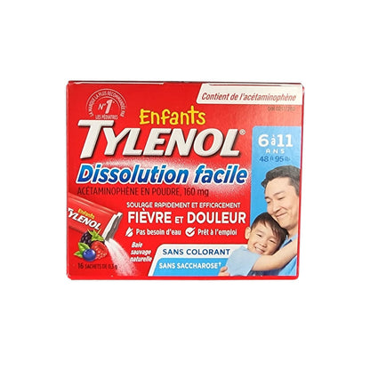 Product label for Children's Tylenol Easy Dissolve Acetaminophen Powder Wild Berry Flavour (Ages 6 - 11) (16 sachets) in French