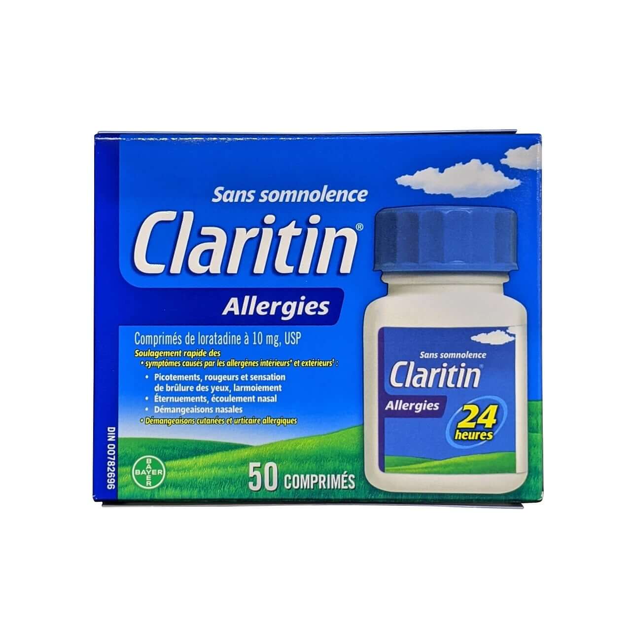 Product label for Claritin Non-Drowsy Loratadine 10mg (50 tablets) in French