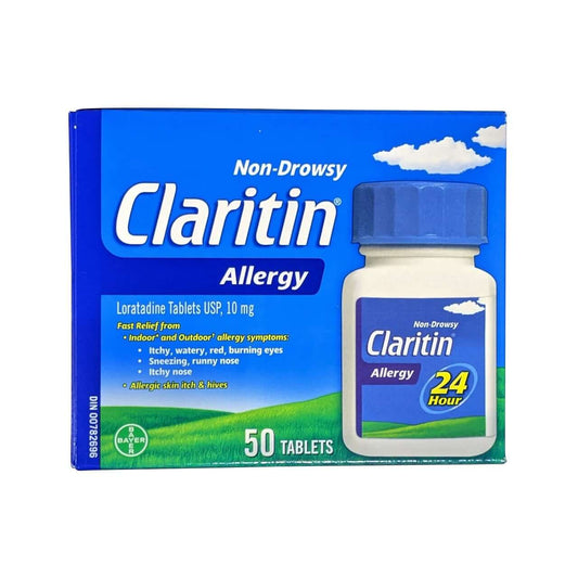 Product label for Claritin Non-Drowsy Loratadine 10mg (50 tablets) in English