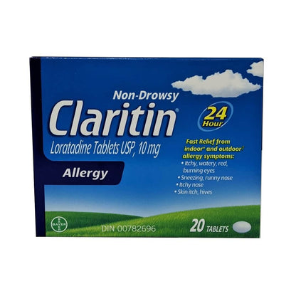 Product label for Claritin Non-Drowsy Loratadine 10mg (20 tablets) in English