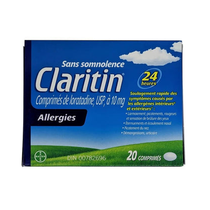 Product label for Claritin Non-Drowsy Loratadine 10mg (20 tablets) in French