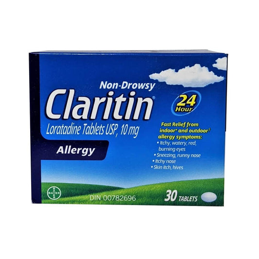 Product label for Claritin Non-Drowsy Loratadine 10mg 30 tabs in English