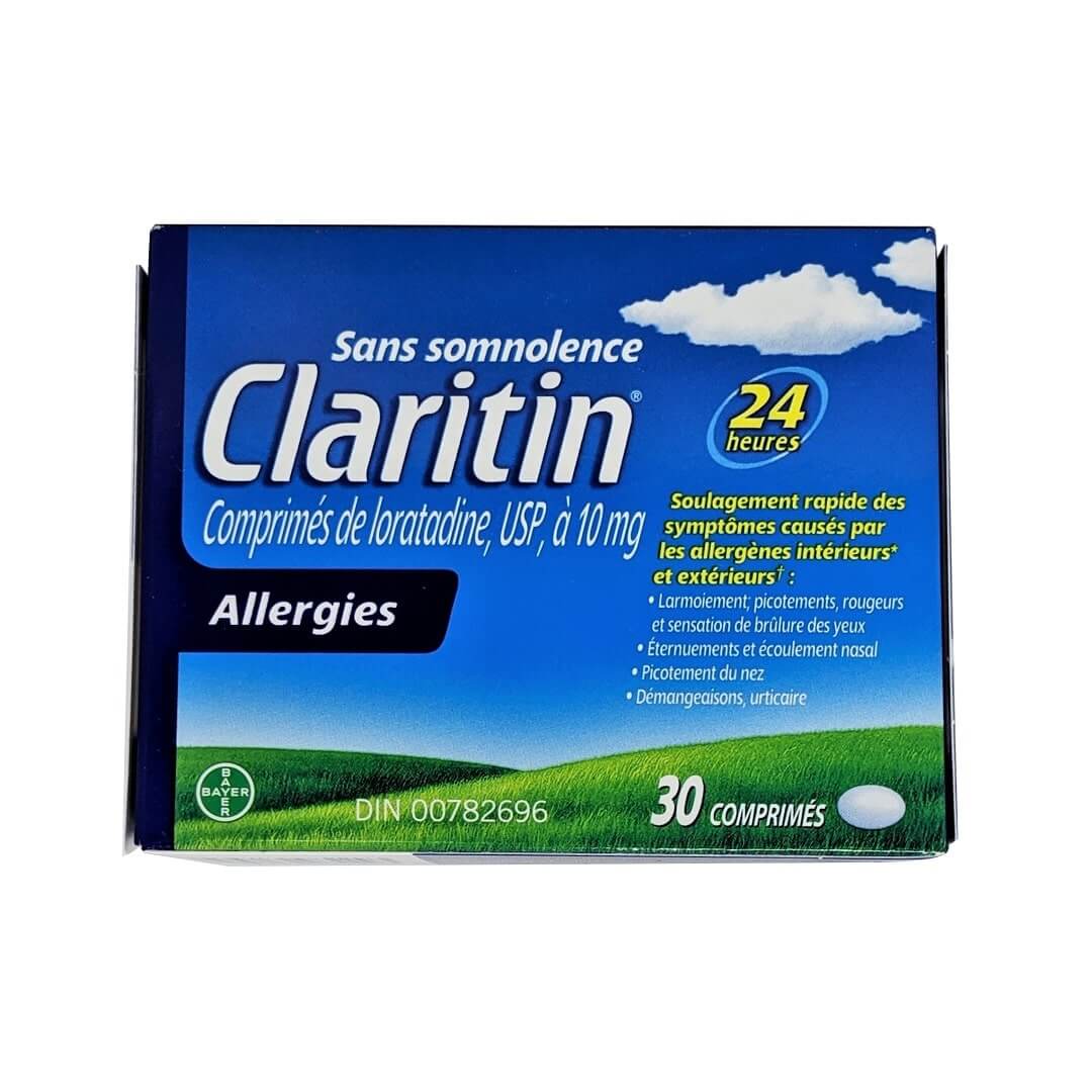 Product label for Claritin Non-Drowsy Loratadine 10mg 30 tabs in French