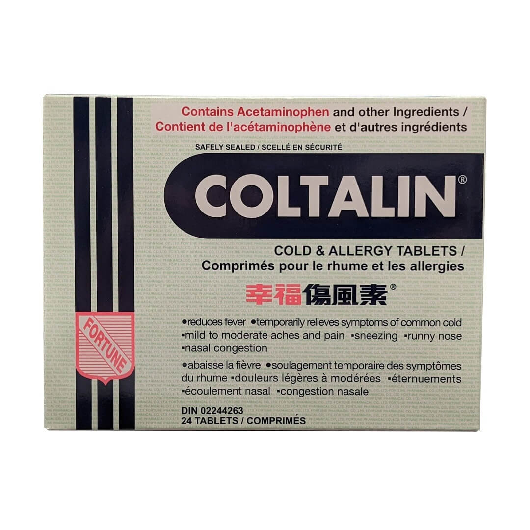 Product label for Coltalin Cold and Allergy Tablets (24 Tablets) in French and English