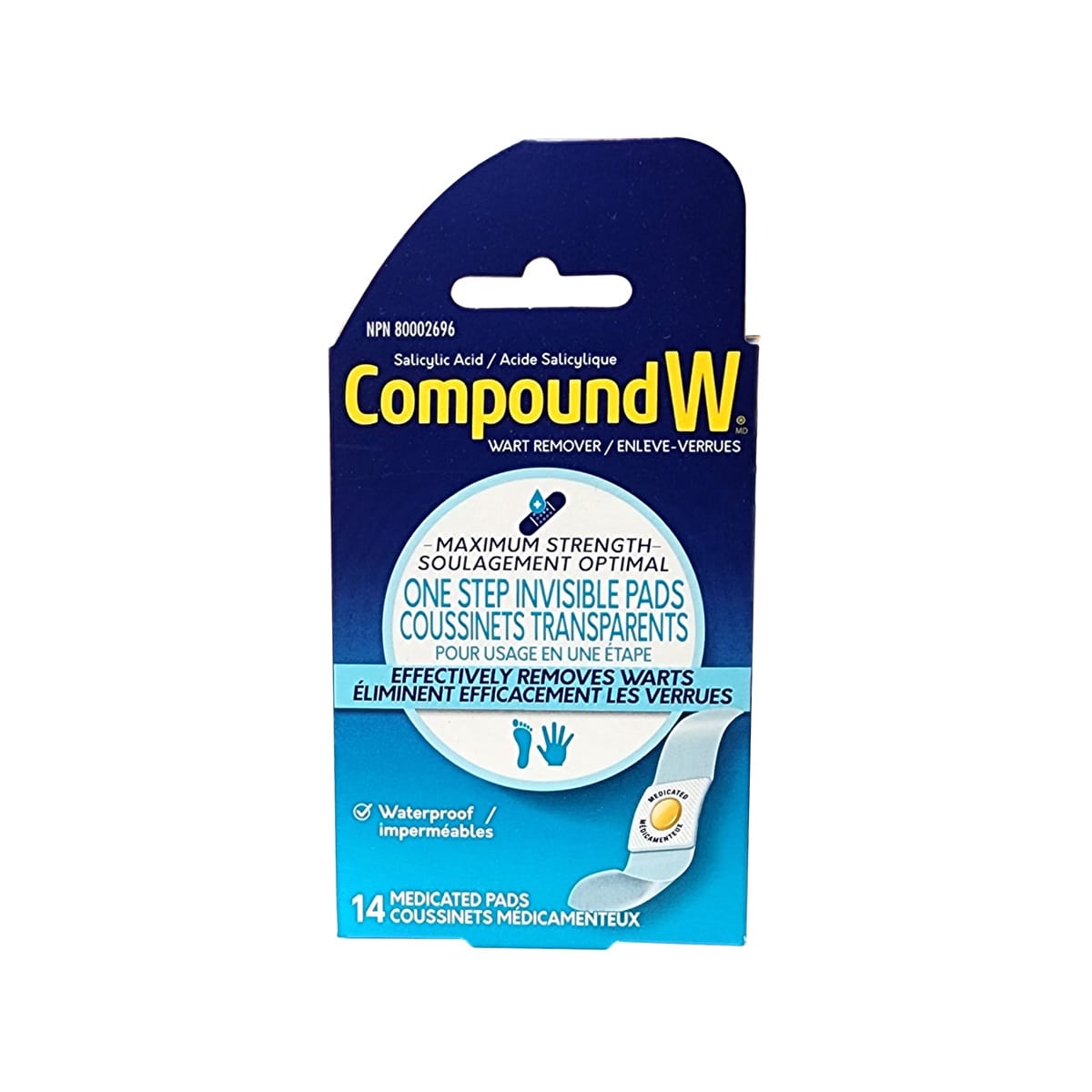 Product label for Compound W Maximum Strength One Step Wart Remover Invisible Pads (14 pads)