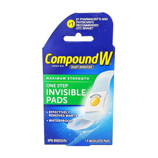 Product label for Compound W Maximum Strength One Step Wart Remover Invisible Pads (14 pads) in English