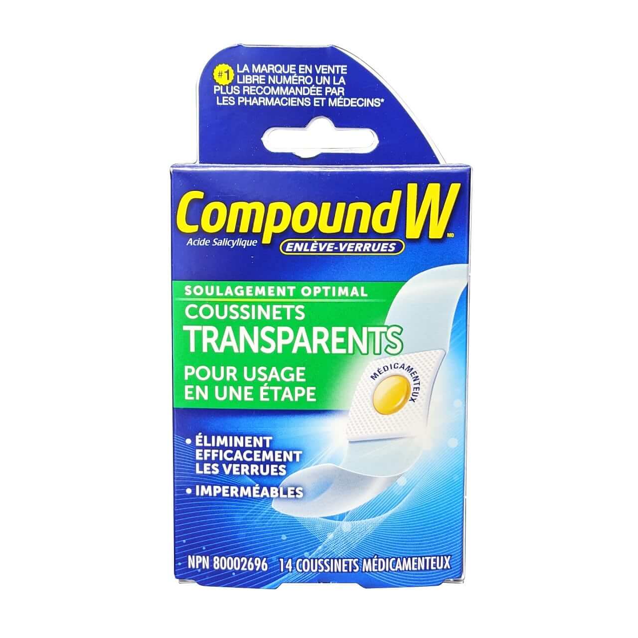 Product label for Compound W Maximum Strength One Step Wart Remover Invisible Pads (14 pads) in French