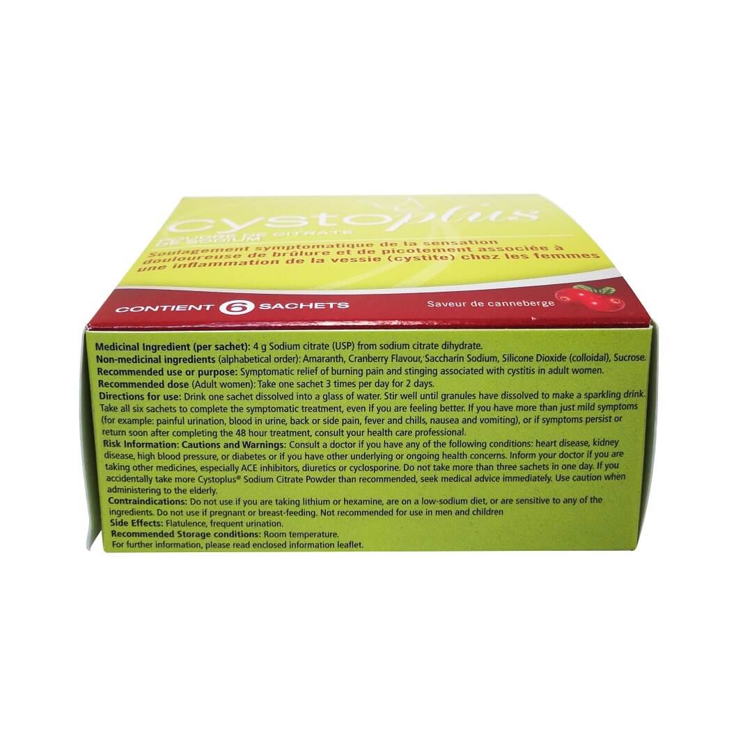 Ingredients, uses, directions, risk information for Cystoplus Sodium Citrate Powder (6 sachets) in English