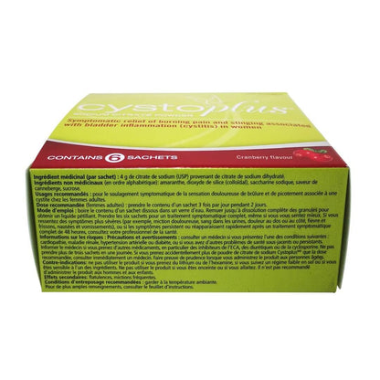 Ingredients, uses, directions, risk information for Cystoplus Sodium Citrate Powder (6 sachets) in French
