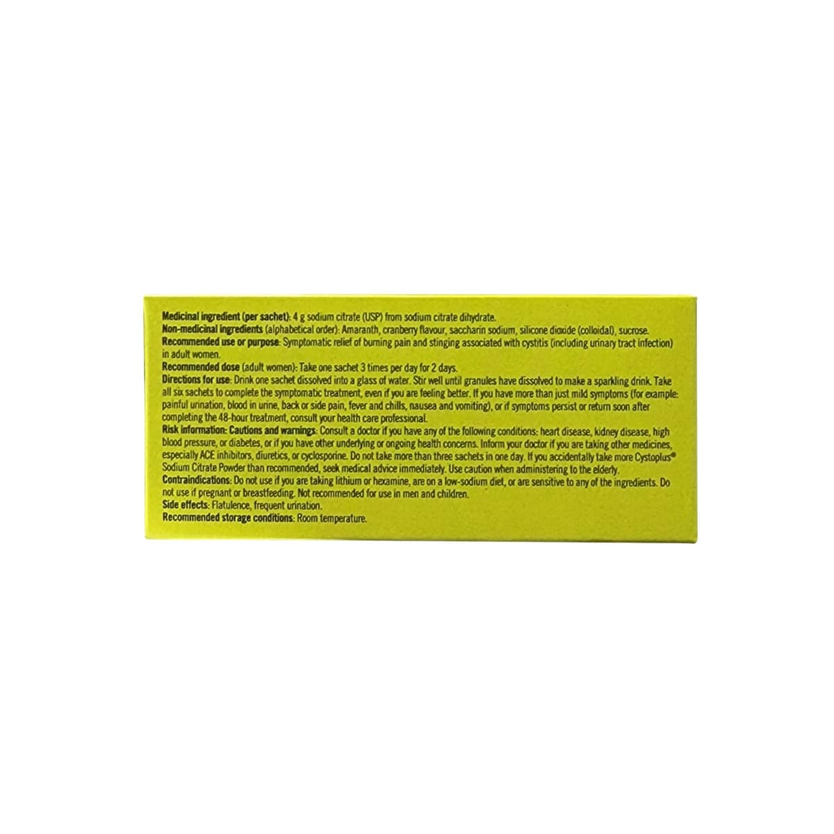 Ingredients, uses, dose, cautions for Cystoplus Sodium Citrate Powder (6 sachets) in English