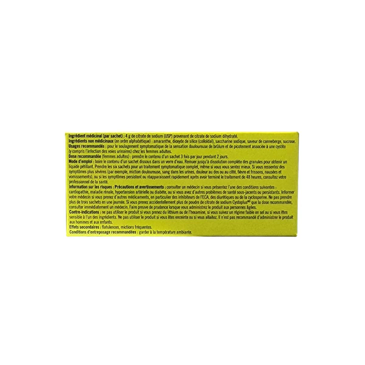 Ingredients, uses, dose, cautions for Cystoplus Sodium Citrate Powder (6 sachets) in French