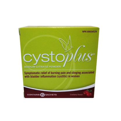 Product label for Cystoplus Sodium Citrate Powder (6 sachets) in English
