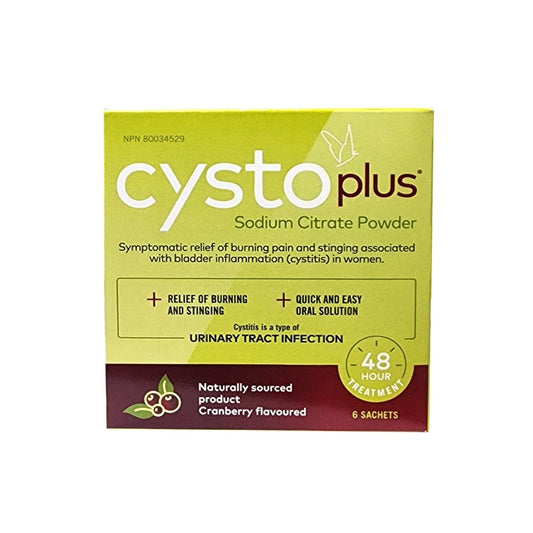 Product label for Cystoplus Sodium Citrate Powder (6 sachets) in English