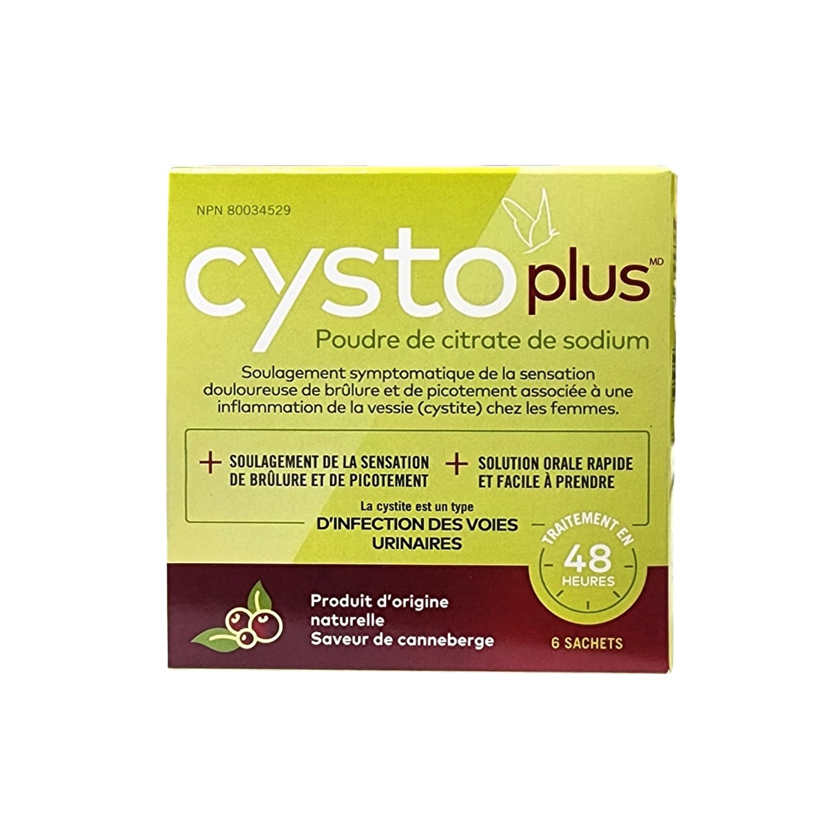 Product label for Cystoplus Sodium Citrate Powder (6 sachets) in French